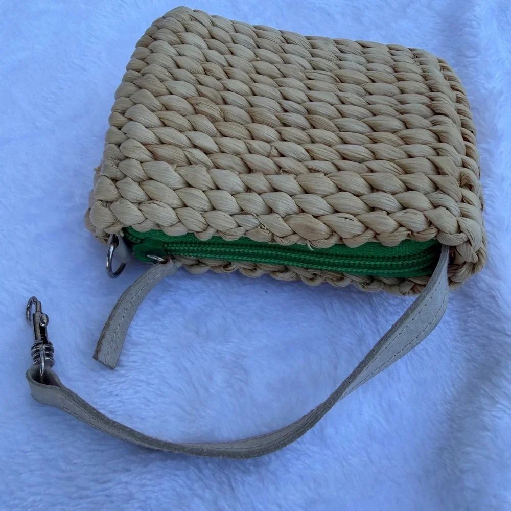 Woven Straw Watermelon Wristlet Bag Sequin Detail Green‎ Gingham Lining Small